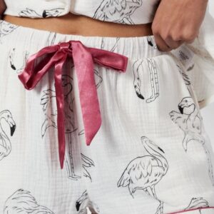 Chelsea Peers Cotton Cheesecloth Flamingo Short Pyjamas Off White short close up