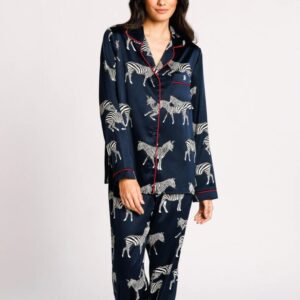 buy the Chelsea Peers Satin Zebra Long Pyjamas Navy