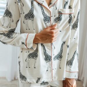 Chelsea Peers Cotton Giraffe Long Pyjamas Off White close up