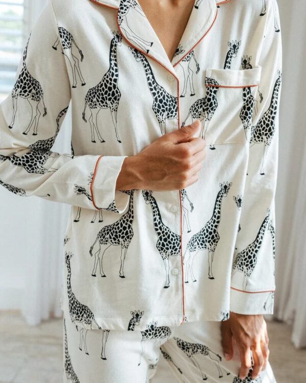 Chelsea Peers Cotton Giraffe Long Pyjamas Off White close up