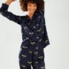 buy the Chelsea Peers Satin Bee Long Pyjamas Navy