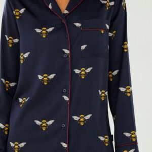 Chelsea Peers Satin Bee Long Pyjamas Navy close up