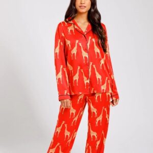 Chelsea Peers Satin Giraffe Long Pyjamas Red