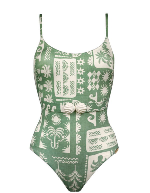 Watercult Rustic Med Belted Swimsuit Sage Cream cutout