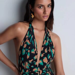 close up of Model wearing Aubade Feline Energy swimsuit – tropical-inspired style