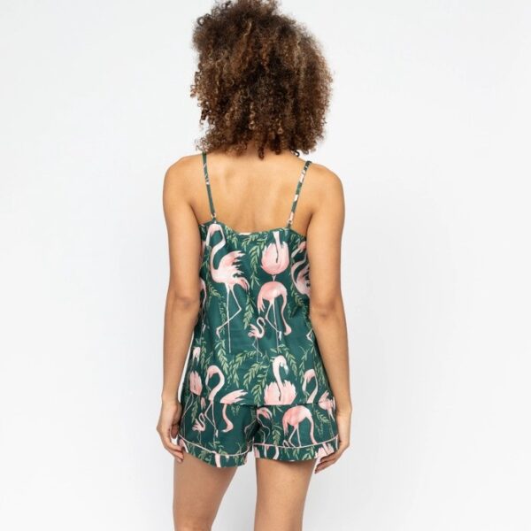 Back view of Cyberjammies Ivy Green Flamingo Short Pyjamas showing relaxed fit and flamingo print design