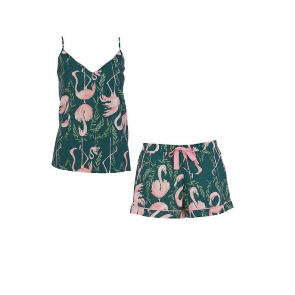 Cyberjammies Ivy Green Flamingo Short Pyjamas set with camisole top and matching shorts, flat lay display