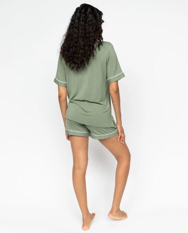 Back view of Cyberjammies Lea Sage Green Short Pyjamas highlighting relaxed fit and soft fabric