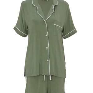 Cyberjammies Lea Sage Green Short Pyjamas set with button-up top and matching shorts, flat lay view