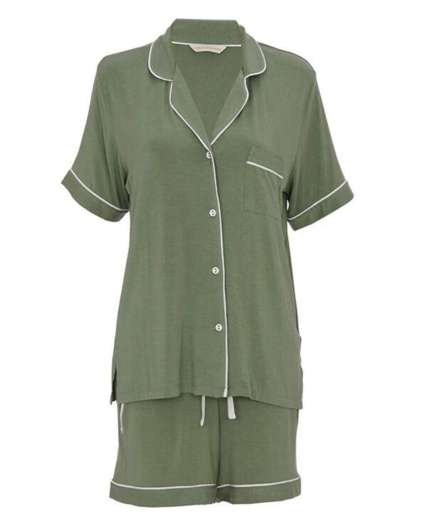 Cyberjammies Lea Sage Green Short Pyjamas set with button-up top and matching shorts, flat lay view