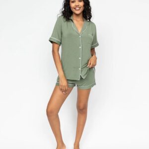 Model wearing Cyberjammies Lea Sage Green Short Pyjamas with short-sleeve top and coordinating shorts