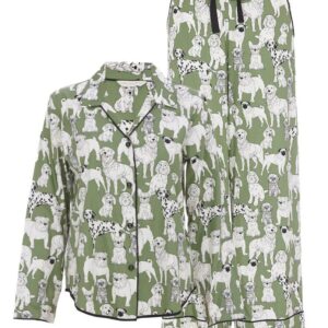 Cyberjammies Nancy Green Dog Pyjamas set with long-sleeve top and matching trousers, flat lay view