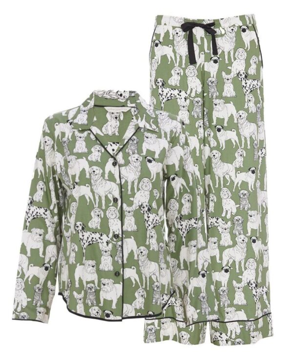 Cyberjammies Nancy Green Dog Pyjamas set with long-sleeve top and matching trousers, flat lay view