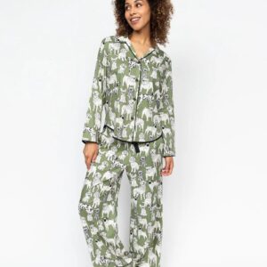 Model wearing Cyberjammies Nancy Green Dog Pyjamas with dog print and classic button-up top