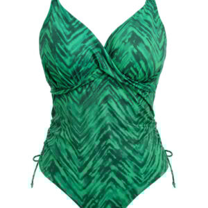 Close-up of plunge neckline and bust gathering – Fantasie swimsuit detail