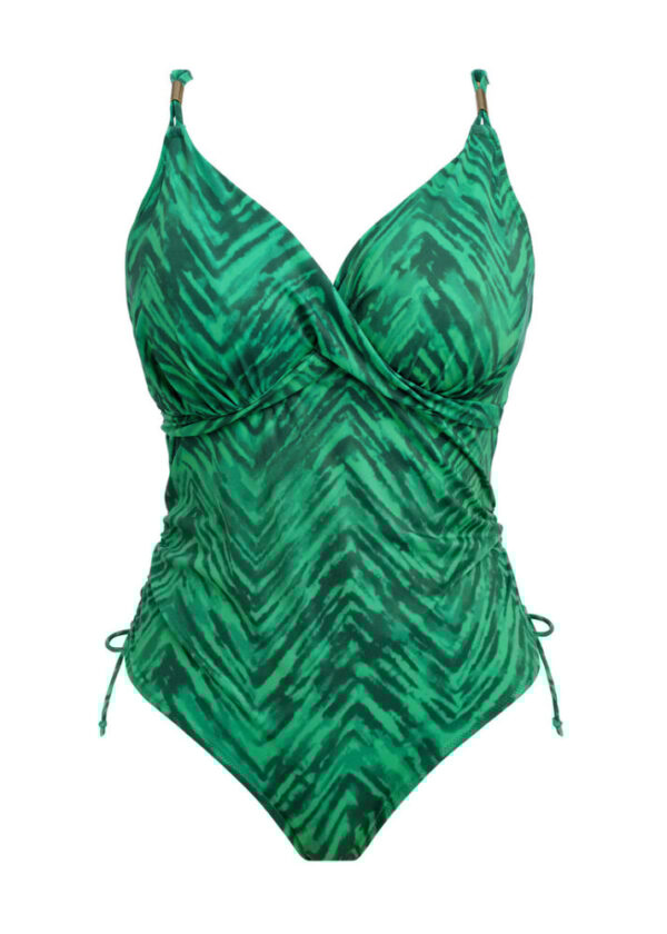Close-up of plunge neckline and bust gathering – Fantasie swimsuit detail