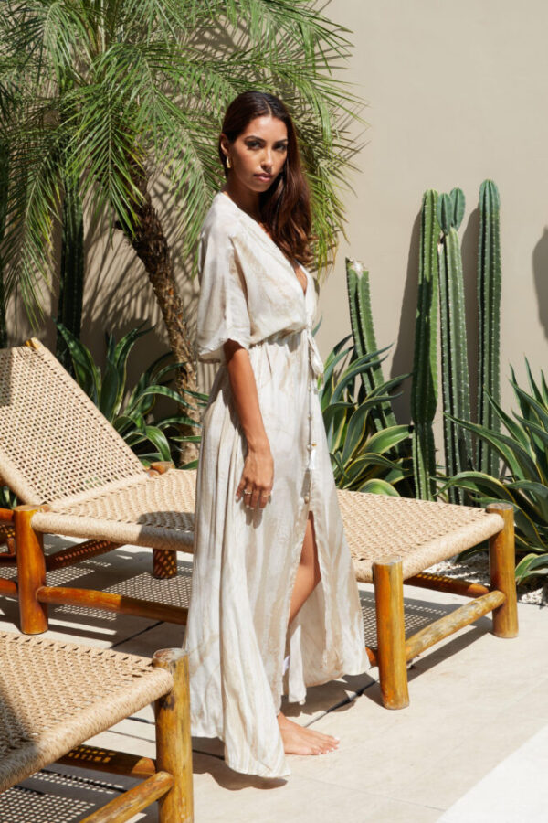 Side view of Guilty Beach Neutral Sands Dress