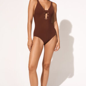 Maryan Mehlhorn Harmonia Low Plunge Swimsuit in Sepia – front view with deep neckline