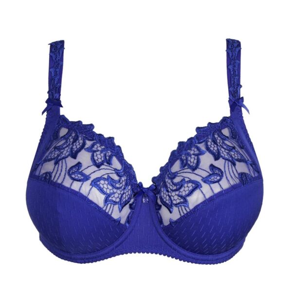 Close-Up of Lace Embroidery on PrimaDonna Deauville Bra in Iconic Blue