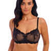 Front view of the Wacoal Vivid Attraction Bralette in Black, showcasing intricate floral lace and scalloped neckline.