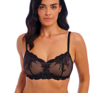 Front view of the Wacoal Vivid Attraction Bralette in Black, showcasing intricate floral lace and scalloped neckline.